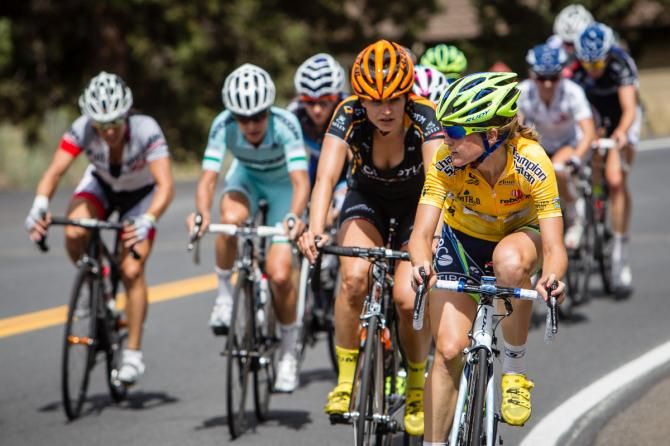 Lauren Stephens (TIBCO) looks for attacks on the final climb to the finish