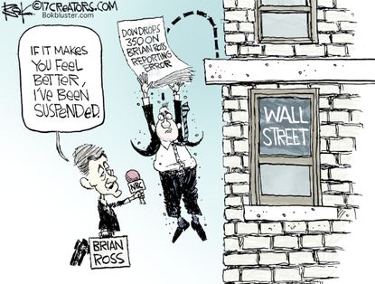 Political cartoon U.S. Brian Ross suspended Wall Street Dow economy