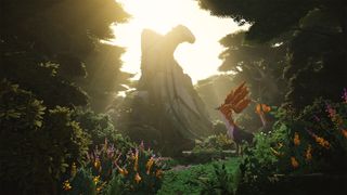 A screenshot of creatures looking at a large rock during Everwild.