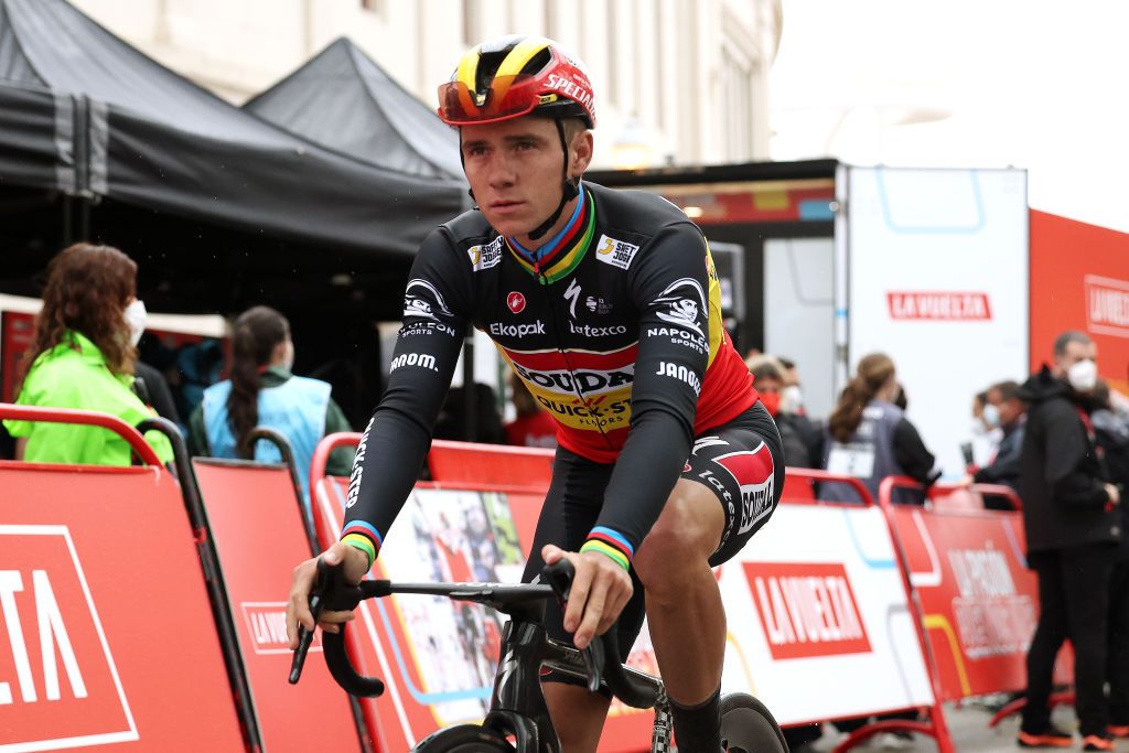 BARCELONA SPAIN AUGUST 27 Remco Evenepoel of Belgium and Team Soudal Quick Step reacts after the 78th Tour of Spain 2023 Stage 2 a 1818km stage from Matar to Barcelona UCIWT on August 27 2023 in Barcelona Spain Photo by Alexander HassensteinGetty Images