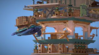 A flying turtle with a pallet of packages strapped to its back flies alongisde a gigantic tower of buildings.