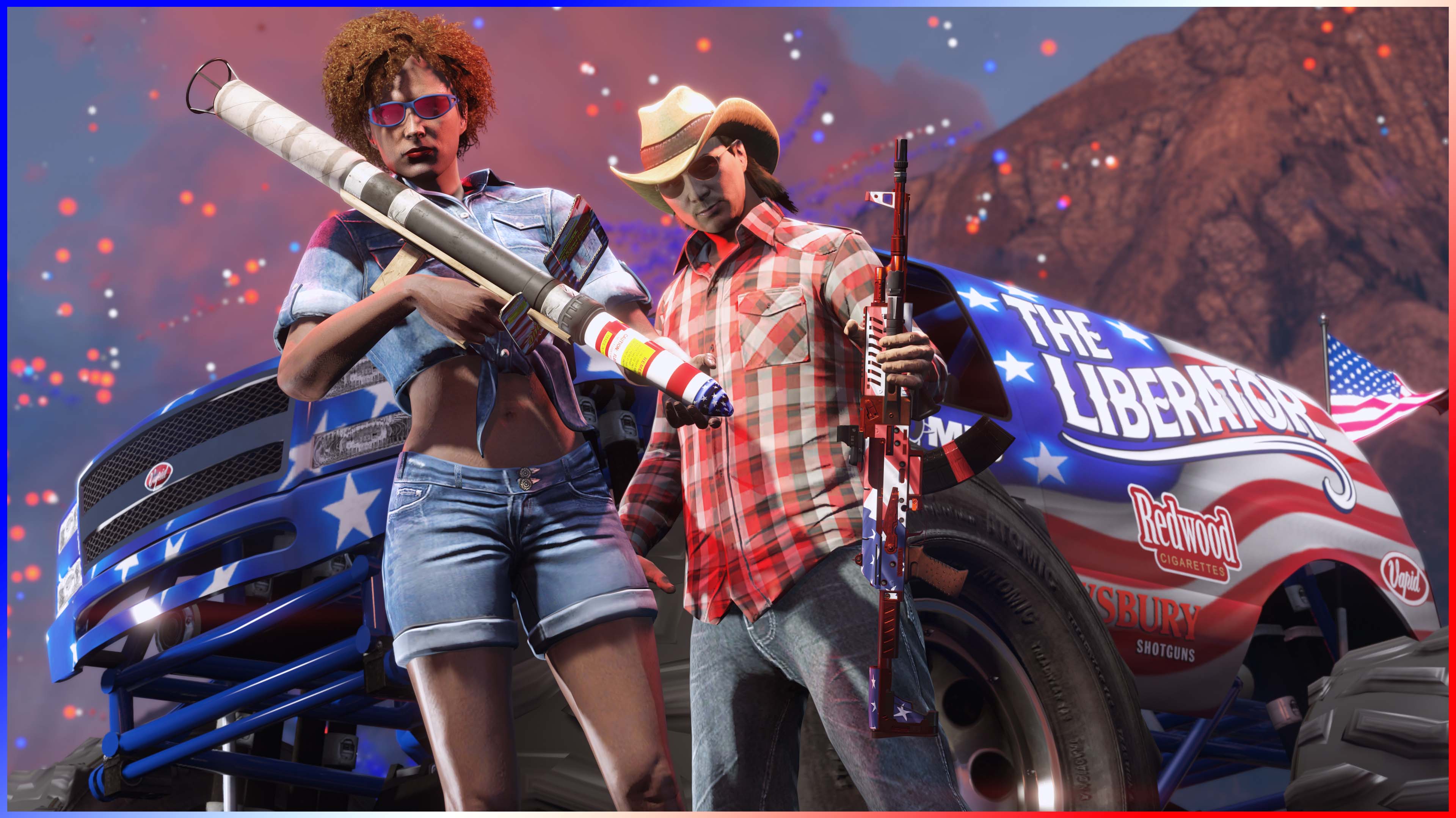 GTA Online Independence Day 2026 art showing a firework launcher and musket