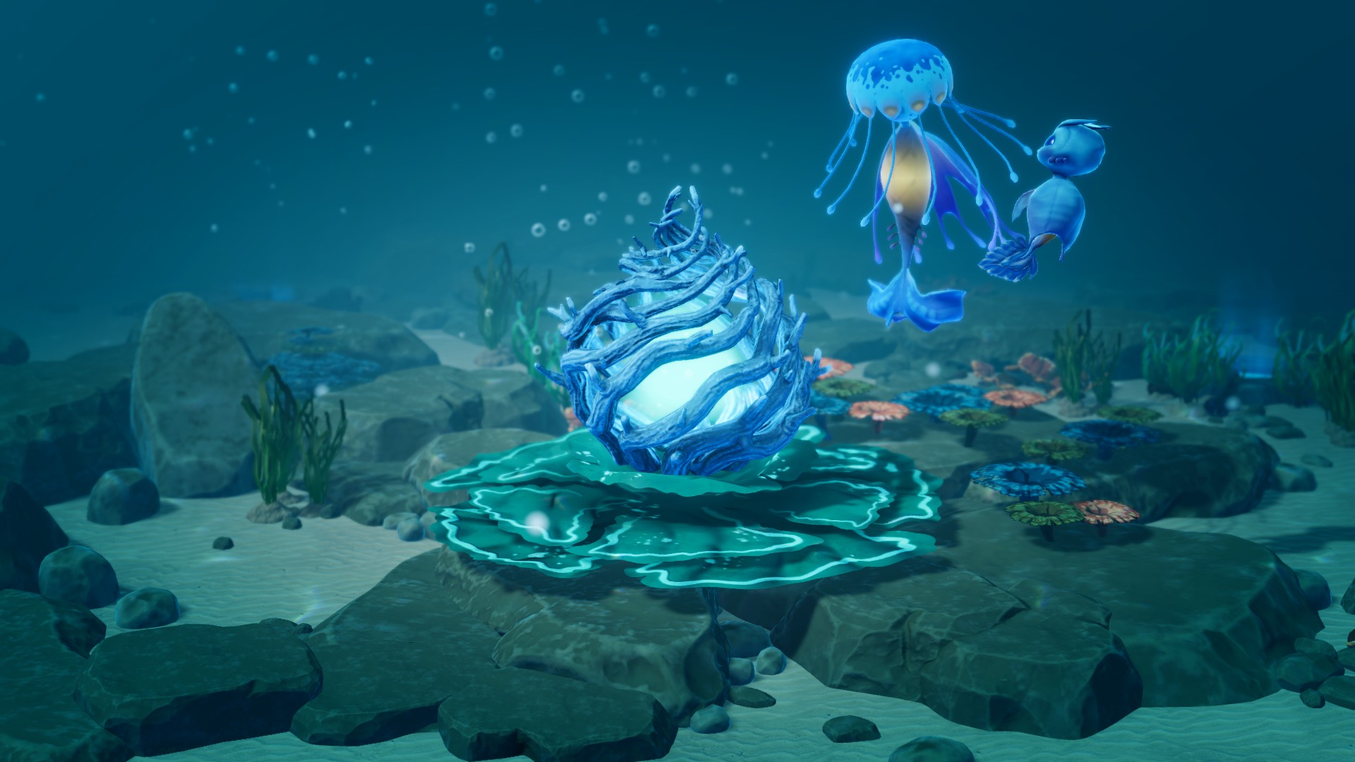 A jellyfish-like ocean guardian watches over an organic structure on the sea floor.