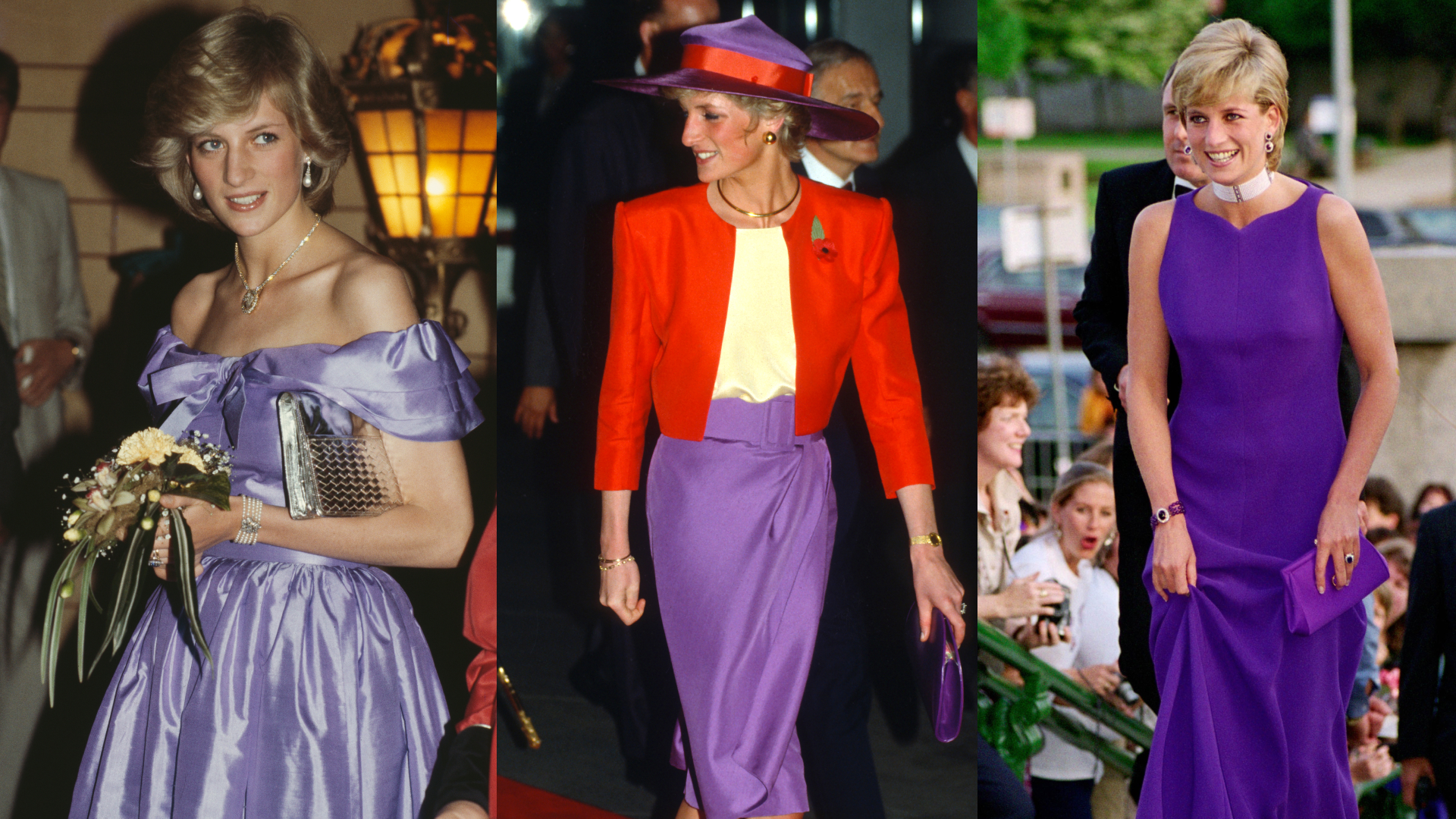 Princess Diana wearing a pale purple off the shoulder dress holding flowers; Princess Diana wearing a red blazer and purple skirt with a matching hat; Princess Diana wearing a bright purple sleeveless gown holding the hem