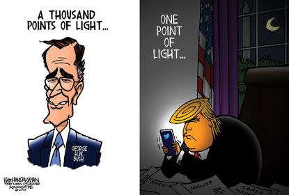 Political cartoon U.S. George H.W. Bush a thousand points of light Trump twitter phone