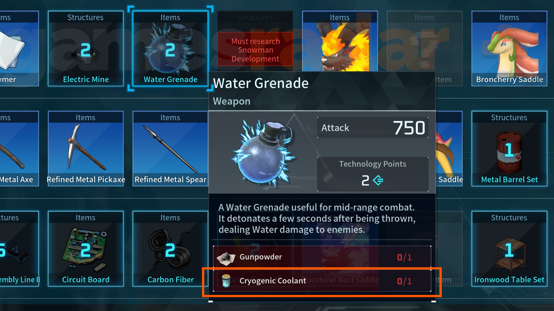 The Water Grenade recipe, which contains Palworld Cryogenic Coolant.
