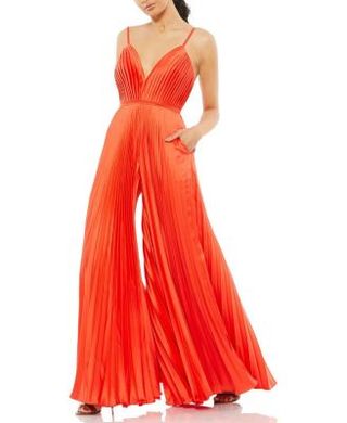 Pleated Plunge Neck Wide Leg Jumpsuit