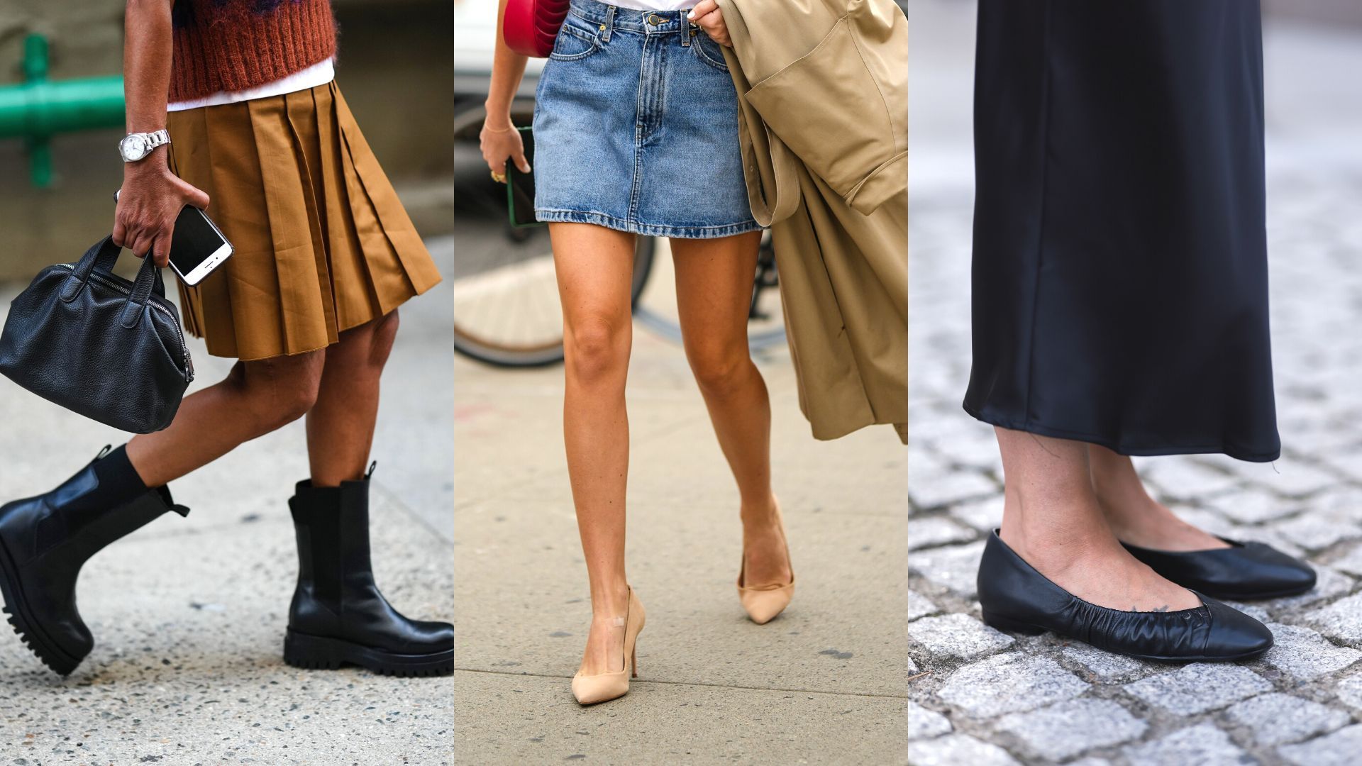Street style - women wearing various types of simple but stylish shoes