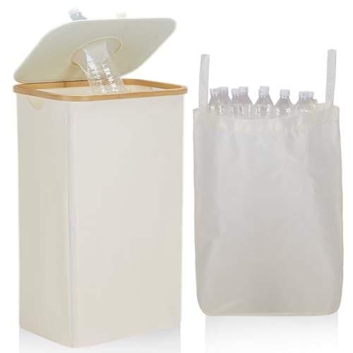 Rosos Deposit Bottle Collector Bins With Lid, 105l Large Bottle Bins With Lid, Deposit Bottles Collection With Carrying Bag, Deposit Container Storage Empty Bottle Collector for Home, Beige