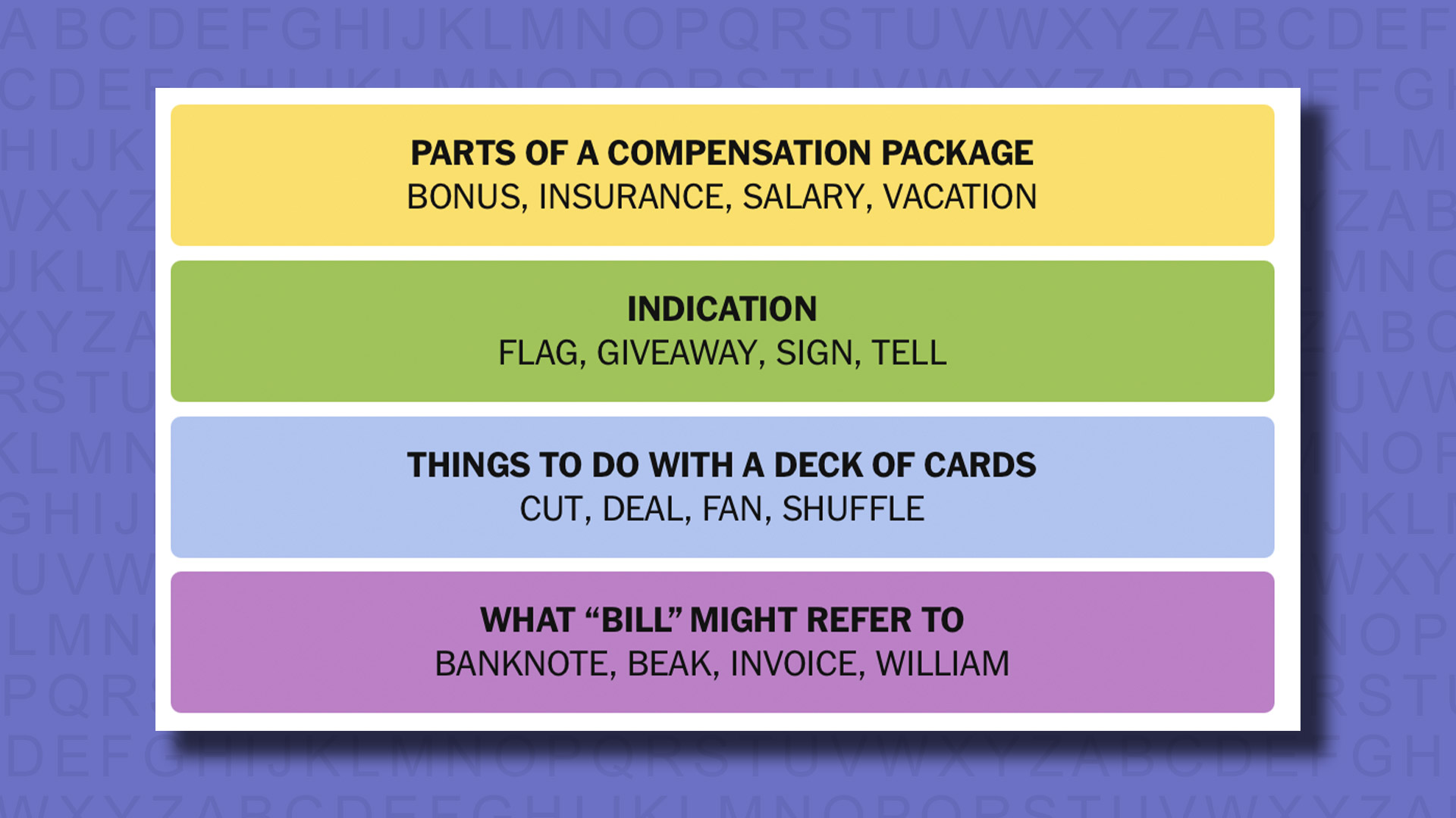 NYT Connections answers for game 605 on a purple background