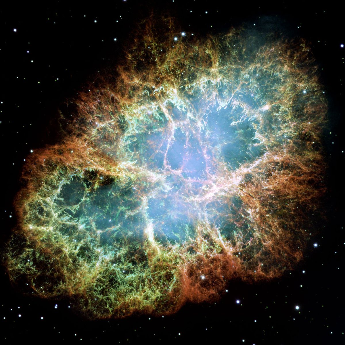 Hubble Space Telescope image of the Crab Nebula, a famous and well-studied supernova remnant.