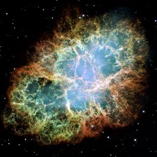 Hubble Space Telescope image of the Crab Nebula, a famous and well-studied supernova remnant.