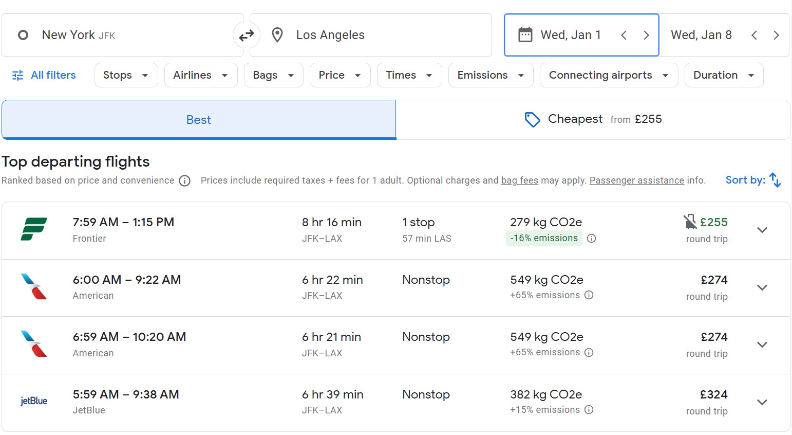 google flights comparting best and cheapest ticket tabs