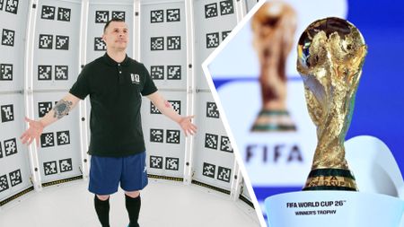 A man being scanned in a 3D scanner, next to a photo of the FIFA World Cup