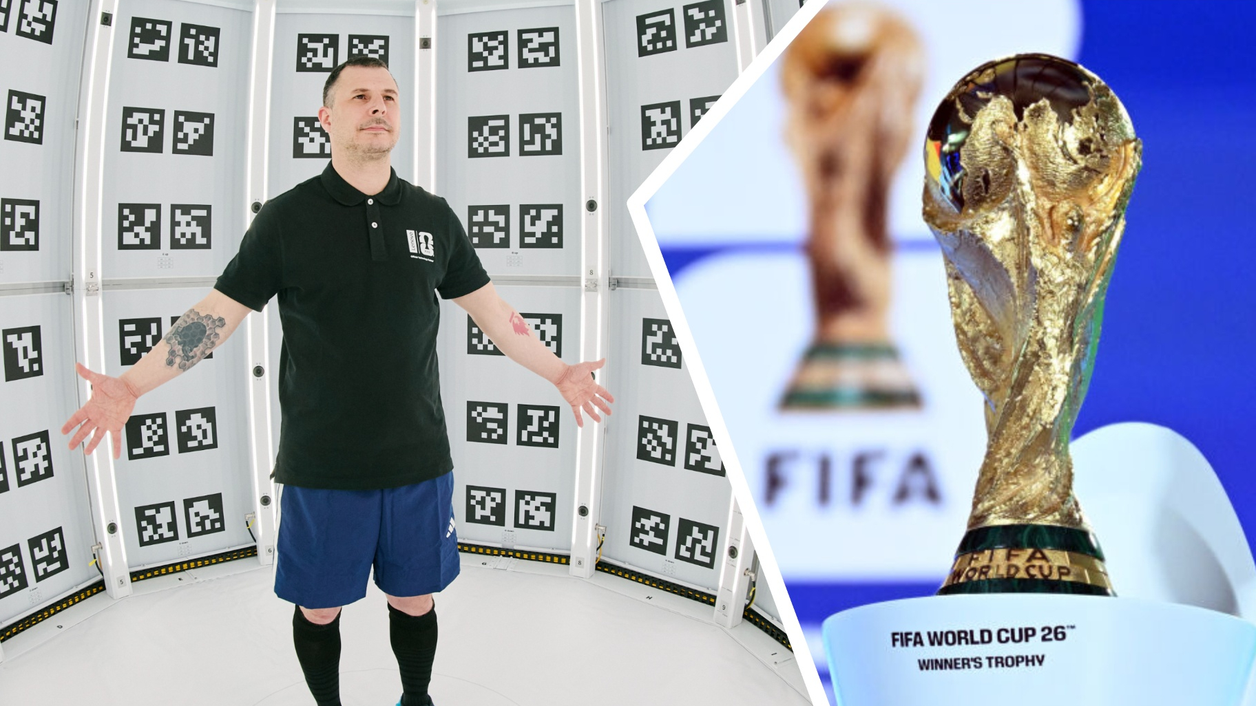 A man being scanned in a 3D scanner, next to a photo of the FIFA World Cup