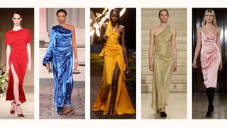 5 models on the runway wearing the ruched dress trend