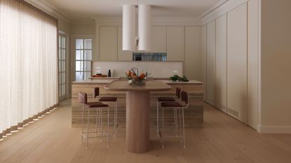 An airy, minimalist open plan kitchen and dining room with a wood table, a stone island, maroon chairs with gray frames, and storage all around