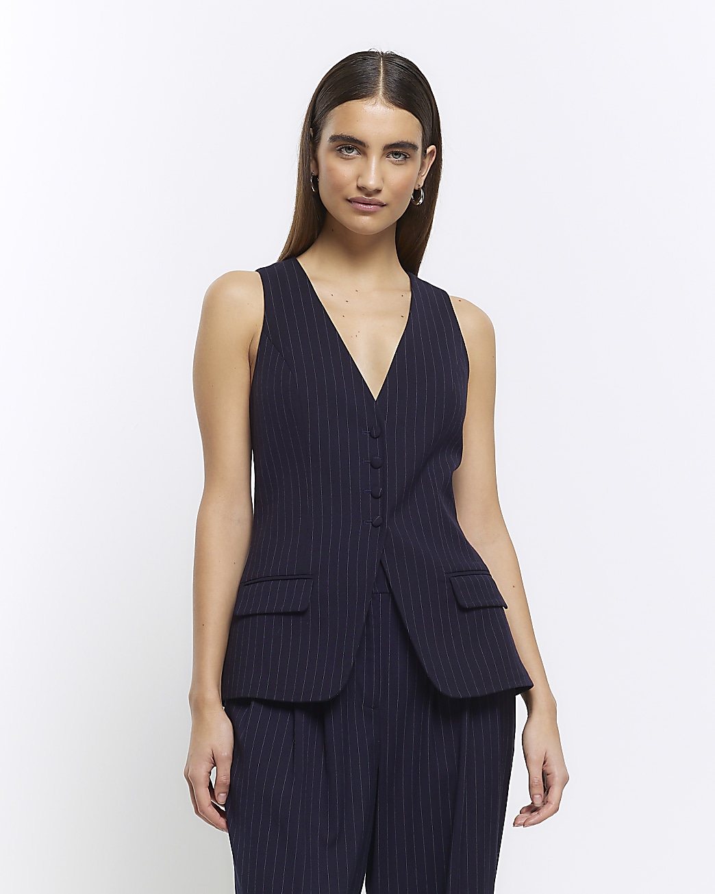 River Island Navy Stripe Longline Waistcoat