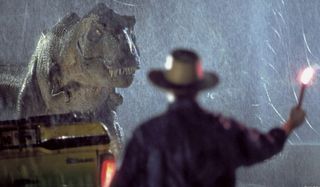 Jurassic Park Roberta the T-Rex stares at Sam Neill's flare