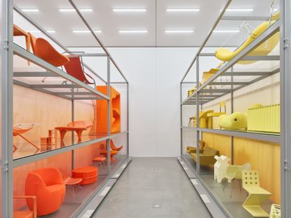 Orange and yellow furniture on shelves