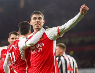 Kai Havertz celebrates after scoring for Arsenal against Newcastle United, 2024