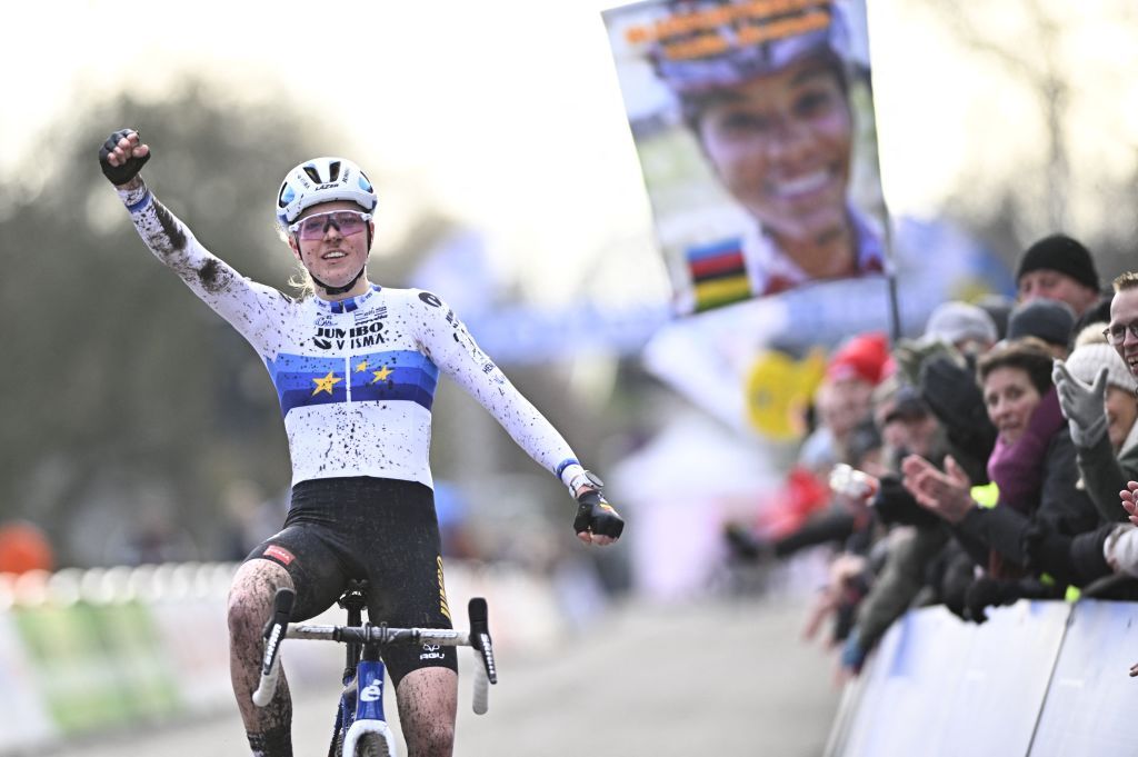 Dutch Fem Van Empel celebrates as she crosses the finish line to win the women elite race of the Flandriencross cyclocross cycling event stage 68 in the X20 Badkamers Trofee competition Saturday 28 January 2023 in Hamme BelgiumBELGA PHOTO JASPER JACOBS Photo by JASPER JACOBS BELGA MAG Belga via AFP Photo by JASPER JACOBSBELGA MAGAFP via Getty Images