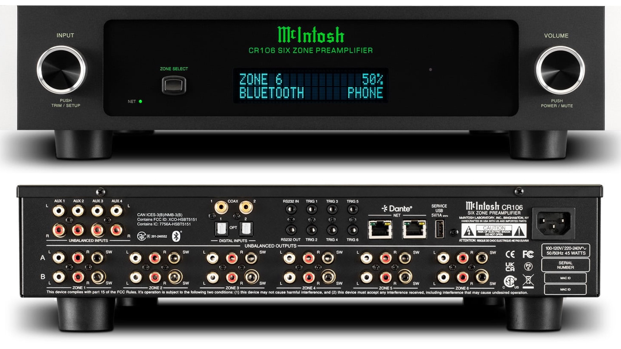 Front and rear views of the McIntosh CR106 on a white background