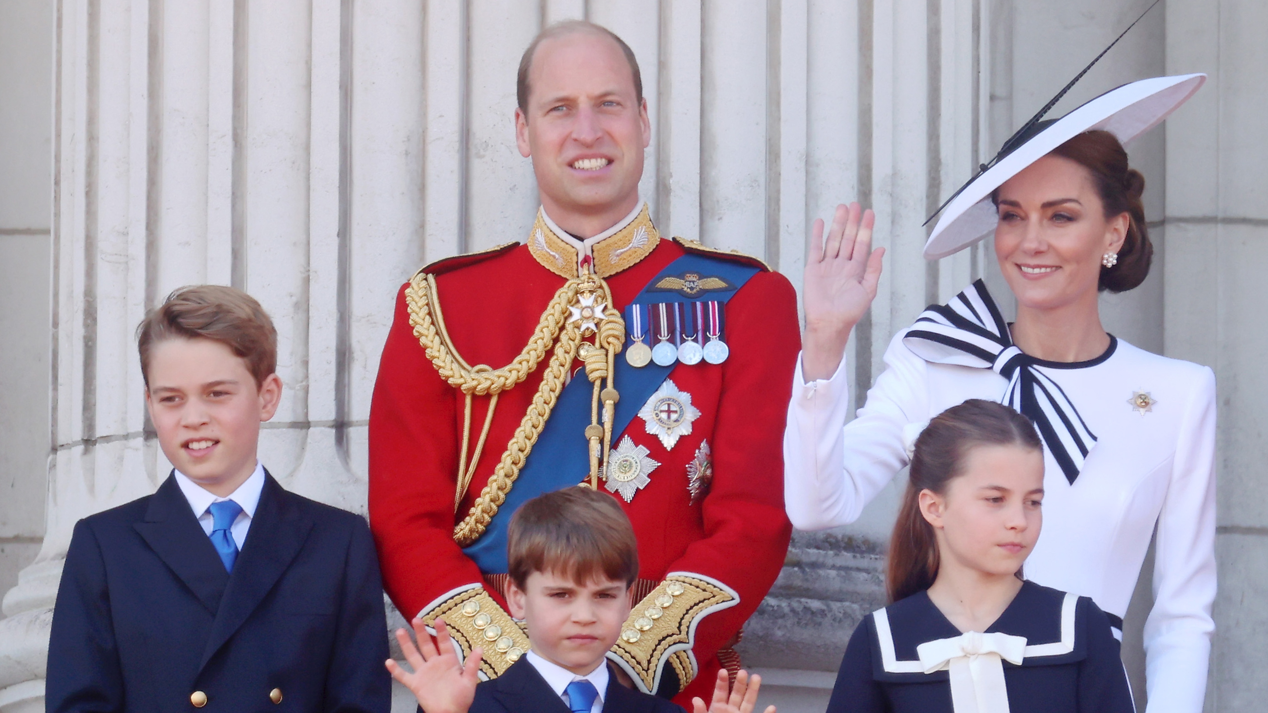 Prince George, Prince William, Prince Louis, Princess Charlotte and Catherine, Princess of Wales during Trooping the Colour at Buckingham Palace on June 15, 2024