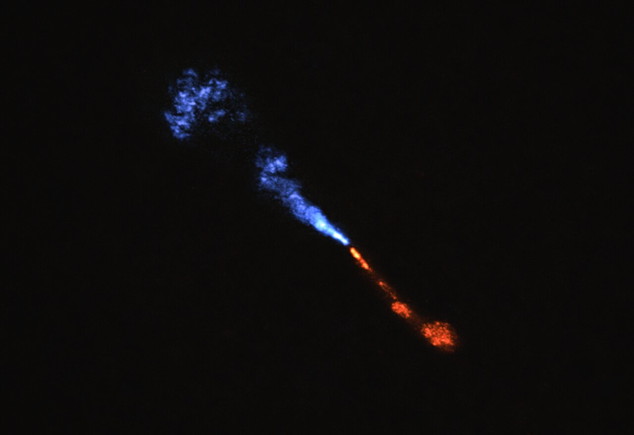 a blue and white streak of wispy light on a black background