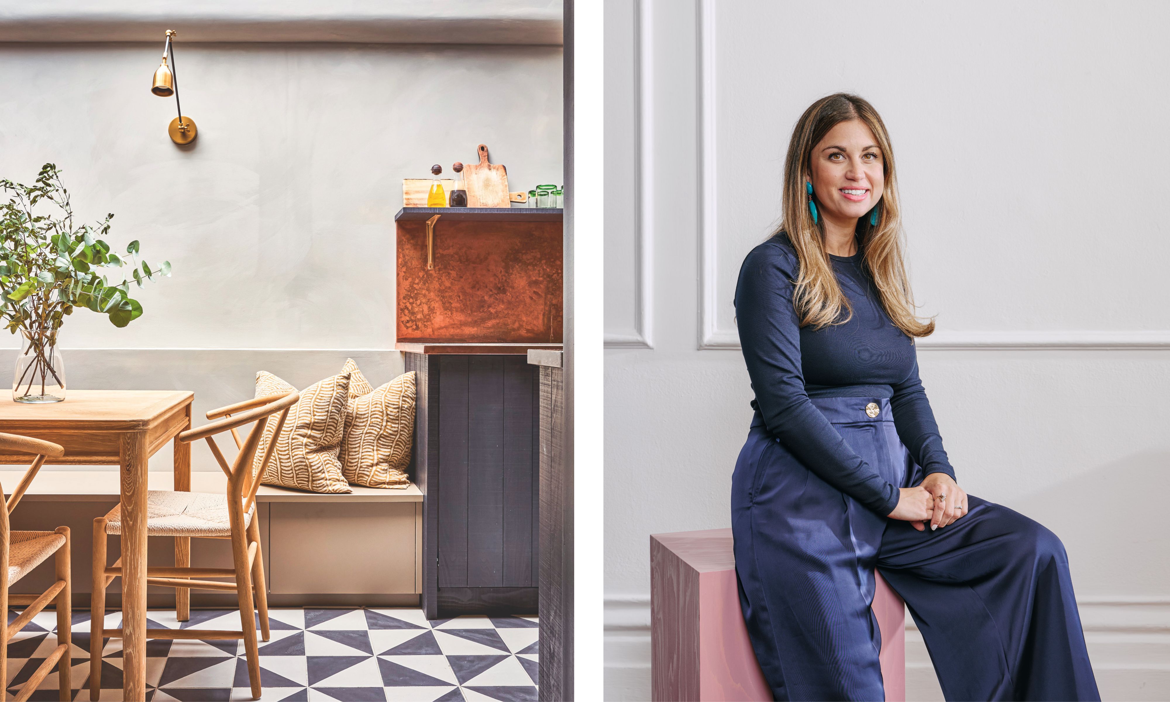 A modern dining area with a geometric tile floor and a copper backsplash. Right: Designer Jessica Grahamin a navy long-sleeve top and satin trousers sits on a pink plinth.