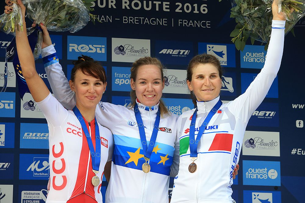 Katarzyna Niewiadoma (Poland), Anna van der Breggen (Netherlands) and Elisa Longo Borghini (Italy) on the European championships podium