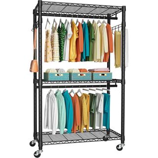 Black metal Heavy Duty Garment Rack, 3 Tiers Adjustable With Lockable Wheels, Double Hanger Rods & 1 Pair Hooks