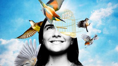 collage of woman and open bird cage with birds being set free