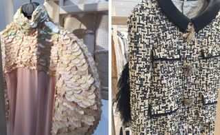 Left, a woman's long sleeve shirt with pencil shavings applied as a decoration to the top and sleeves of the shirt. Right, a woman's long sleeve button up shirt with a black and gold checkered pattern and beads on it.