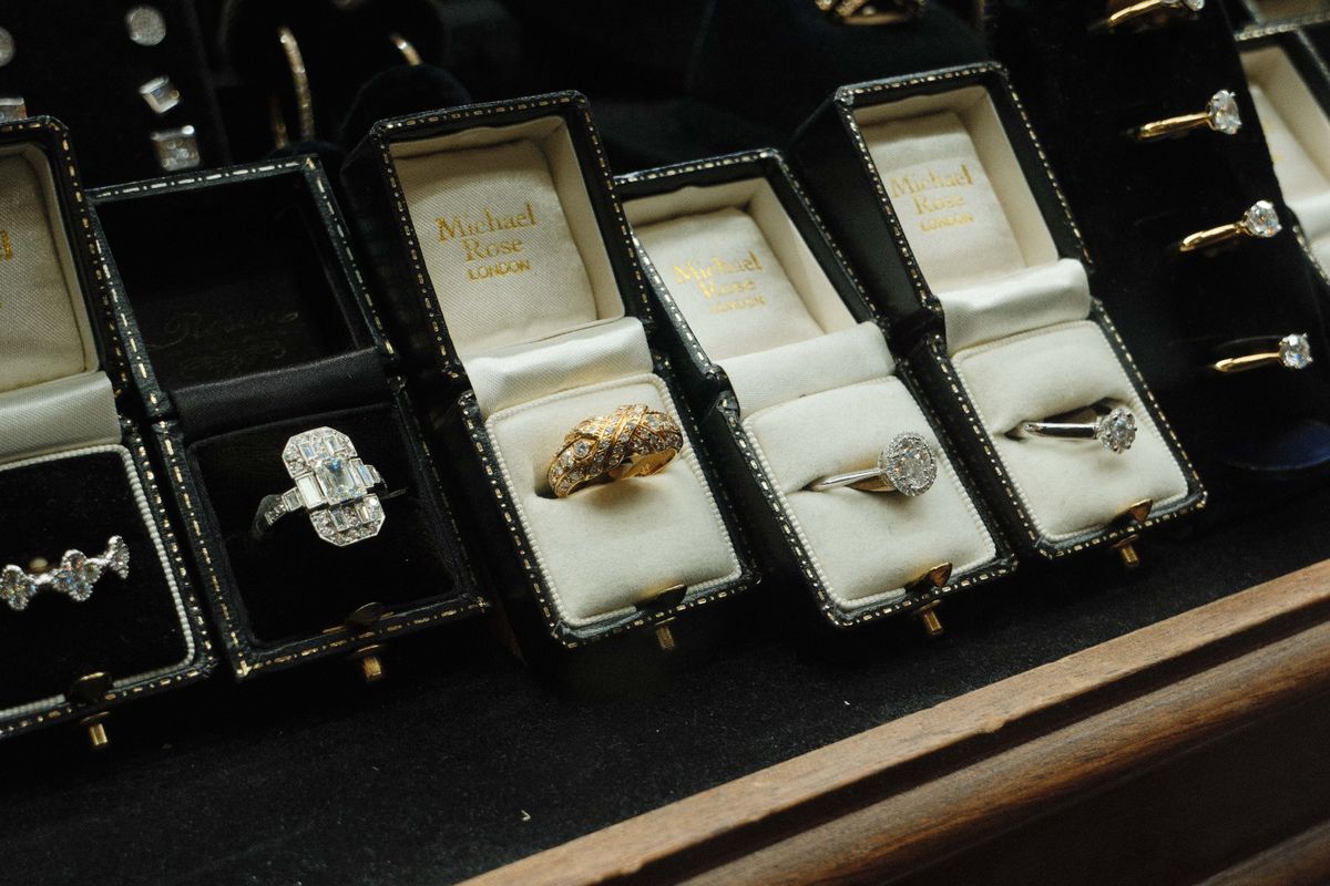 Rings in boxes in a jeweller's window