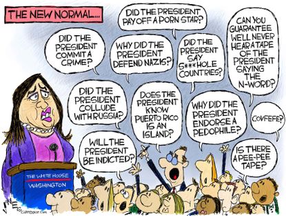 Political cartoon U.S. Trump Sarah Huckabee Sanders press new normal scandals