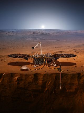 A lander with two broad solar panels sits on the dusty surface of Mars, sending a probe down below.