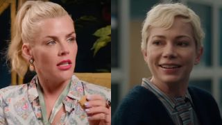 Side by side of Busy Philipps pausing on her show Busy This Week and Michelle Williams smiling in Dying For Sex.