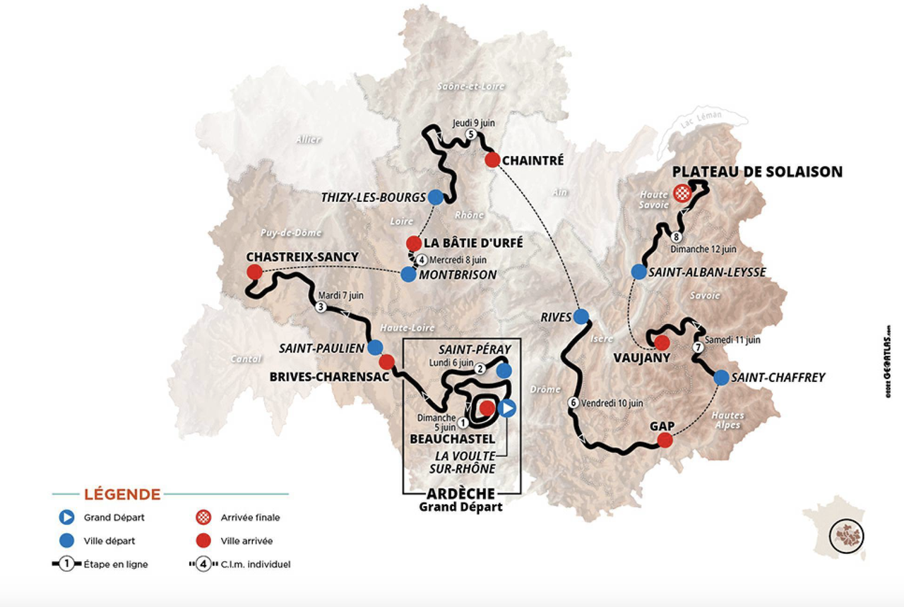 2022 Crit&eacute;rium du Dauphin&eacute; overall route map for eight days of racing