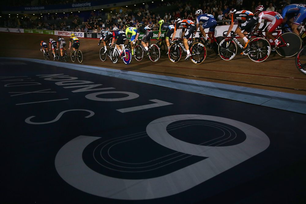 The riders compete in the Elimination race round of the 1878 Cup during day one of the London Six Day Race
