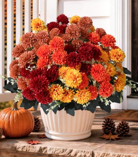 Fake Mums Artificial Fall Flowers for Outdoors Outside Decorations, 12 Bundles Silk Chrysanthemums Fall Flowers Faux Mums for Outdoor Planters Realistic Uv Resistant Marigold for Porch Patio Home