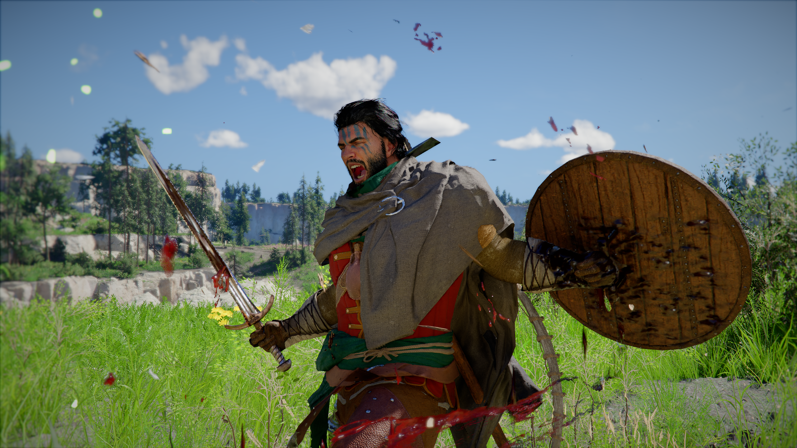 Crimson Desert: A close-up of Kliff shouting with his sword and shield to the side.