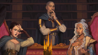 Tasha, Mordenkainen, and Alustriel in a lounge area. They look concerned