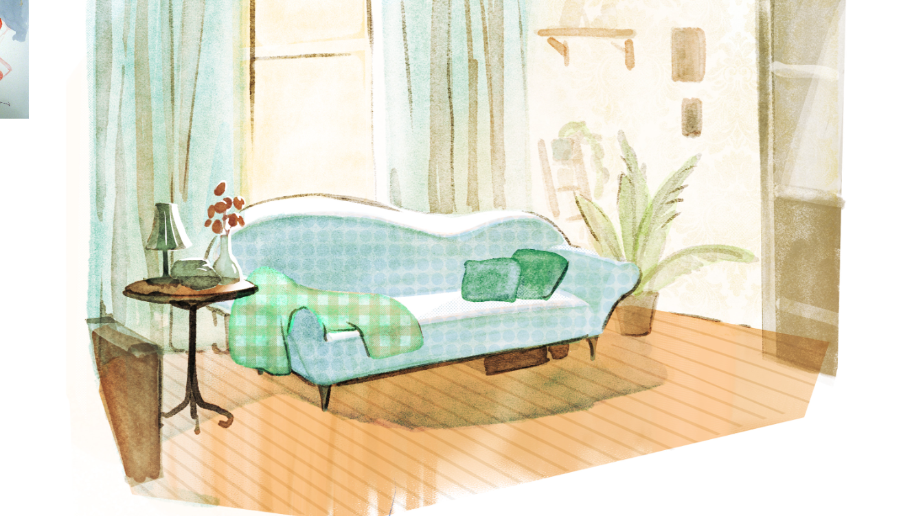Concept sketches for a video game showing a cosy living room