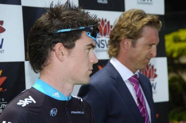 Team Sky's Chris Sutton and Garmin-Cervelo's Matt White listen on at the series launch.