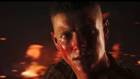 James Bond, face bloodied, looks toward the camera after emerging from a helicopter explosion.