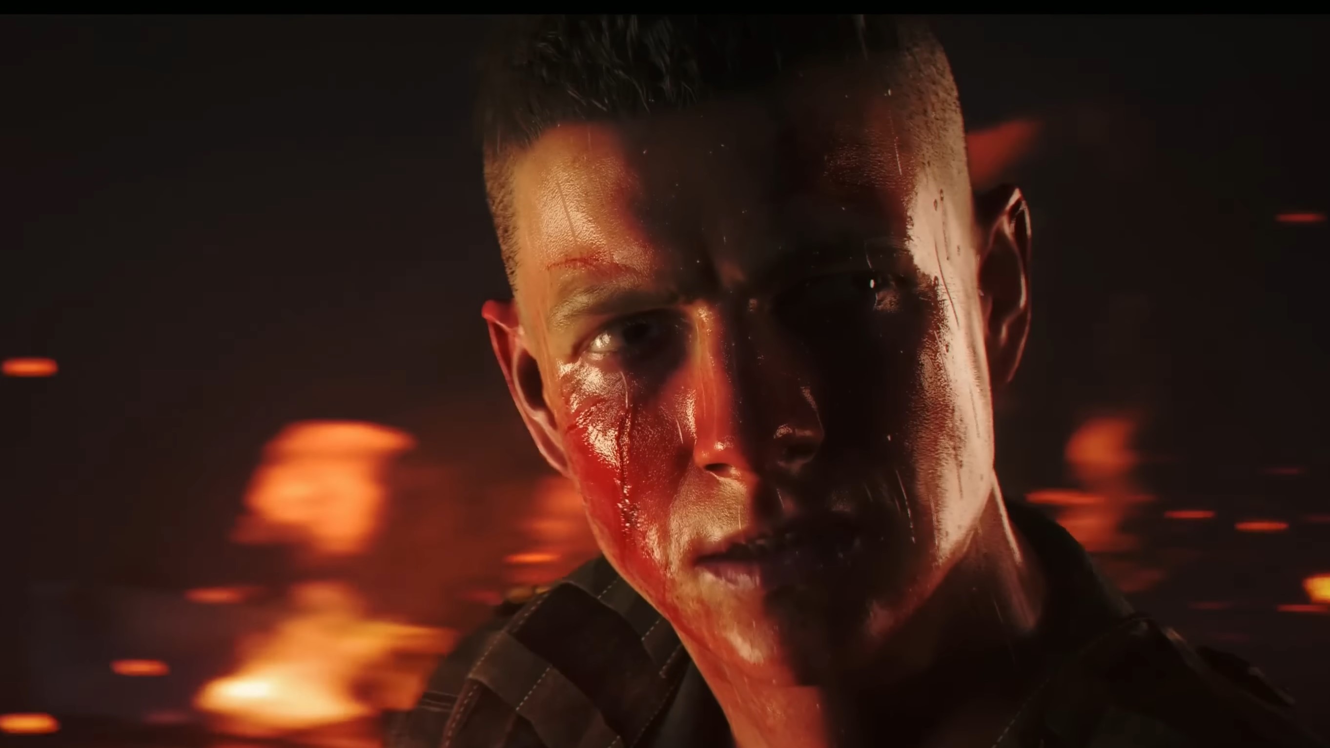 James Bond, face bloodied, looks toward the camera after emerging from a helicopter explosion.