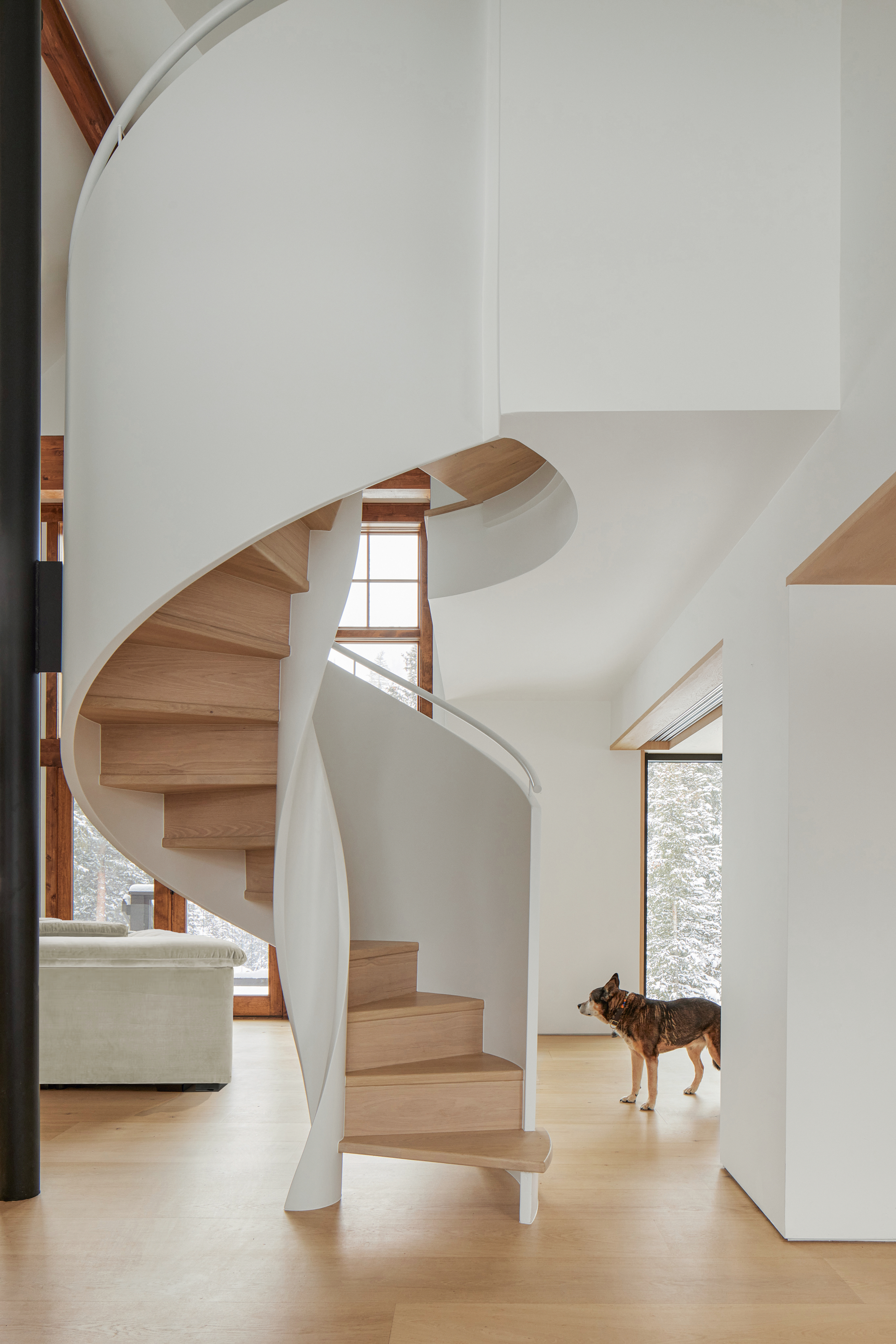 White spiral staircase with white oak treads