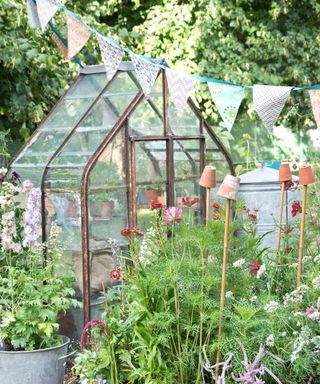 mini greenhouse in vegetable garden with bunting