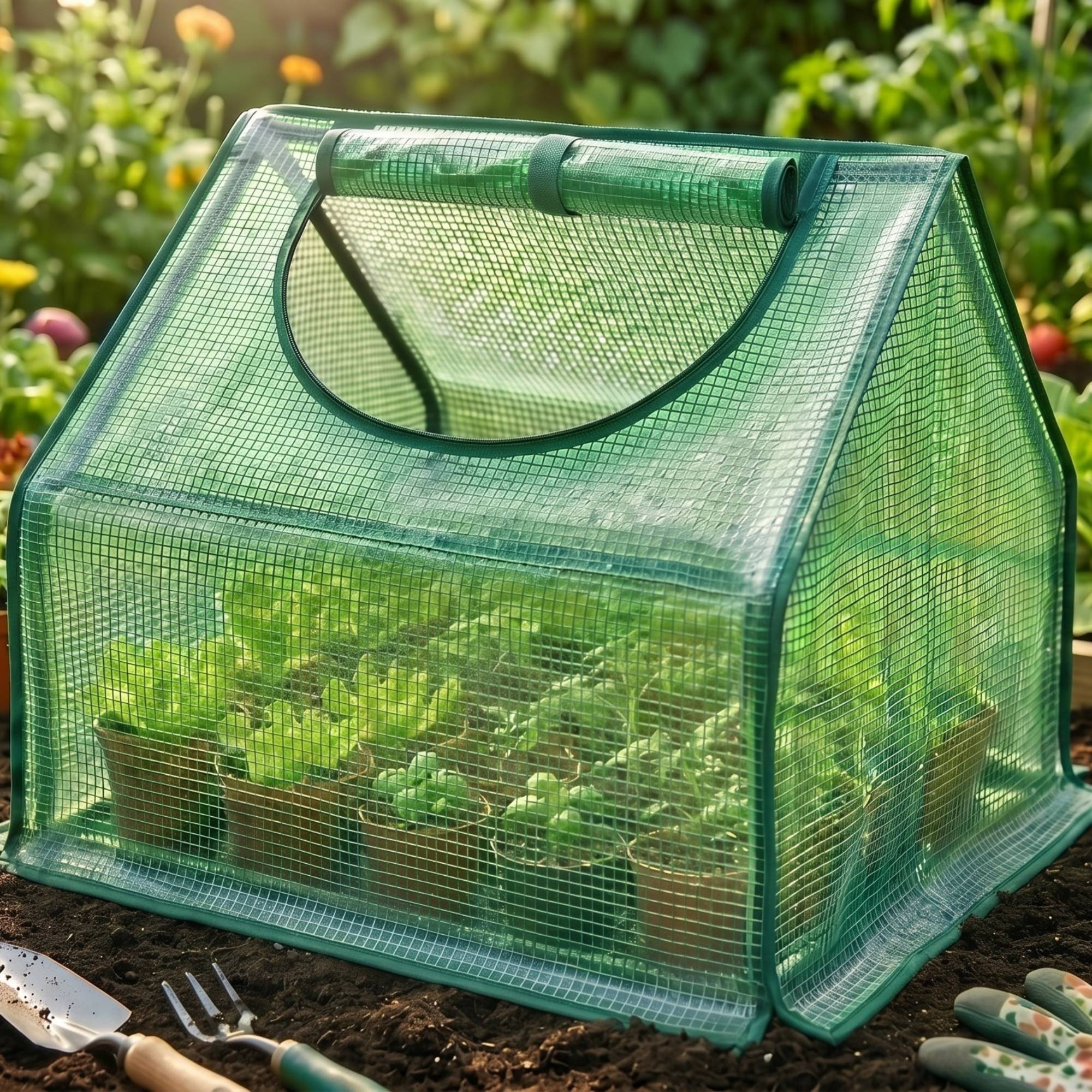 AI-generated image of ALDI mini greenhouse product in garden context